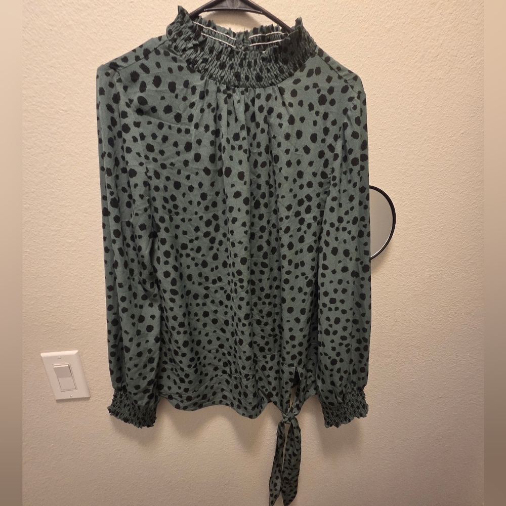 NWOT! SHE AND SKY Green Blouse with Black Dots